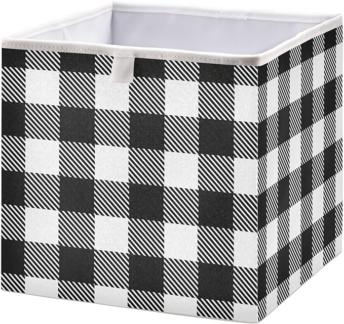 Blueangle White Black Buffalo Plaid Cube Storage Bin, 11 x 11 x 11 in, Large Collapsible Organizer Storage Basket for Home Décor