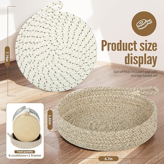 Hot Pads for Kitchen & Quartz Countertops – 6-Pack 8-Inch Cotton Trivets for Hot Dishes, Pots and Pans, Machine Washable Farmhouse Kitchen Decor with Storage Basket