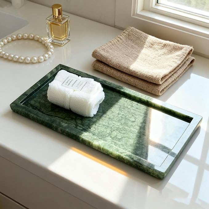 Natural Marble Vanity Bathroom Tray, 12 x 6 Inch Elegant Home Decor Tray for Kitchen,Bathroom,Dresser, Coffee Table,Sink Storage Holder Organizer, Green (NS029)