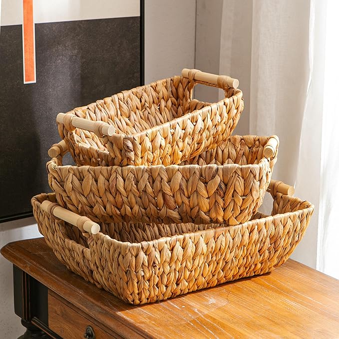 Woven Storage Baskets â Set of 3 Handwoven Water Hyacinth Wicker Baskets with Wooden Handles for Organizing, Decorative Baskets for Laundry Room, Home Decor - Large, Medium & Small