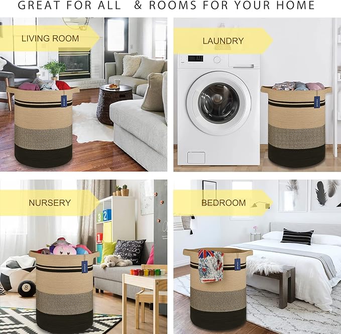 COMSE Extra Large Blanket Basket, Tall Laundry Basket, Nursery Hamper, 15.7âx 21.7â, Cotton Rope Woven Laundry Hamper for Storage Toys Clothes Towels, Brown/Black