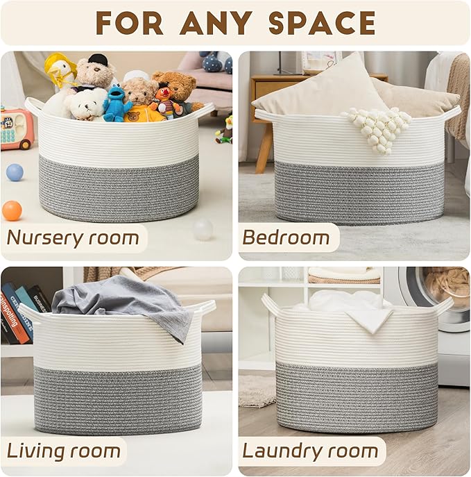 XXXLarge Woven Cotton Rope Basket (21.7" x 13.8") 90L – Blanket Basket for Living Room, Laundry Hamper, Baby Laundry Hamper, Toy Storage, Pillows & Cushions Organizer (White&Grey)
