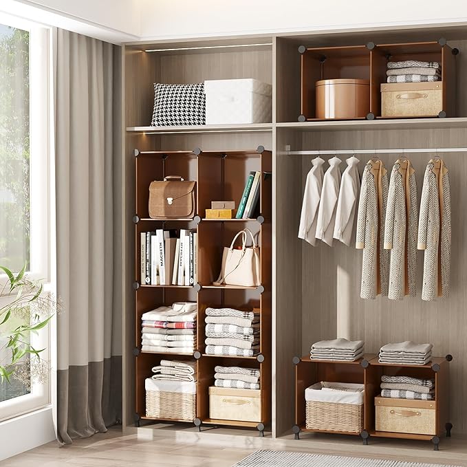AWTATOS 8 Cube Storage Organizer, Closet Organizer Storage Shelf, Bookcase Bookshelf, DIY Stackable Storage Cubes Shelves for Closet, Bedroom, Home, Office, Cocoa Brown
