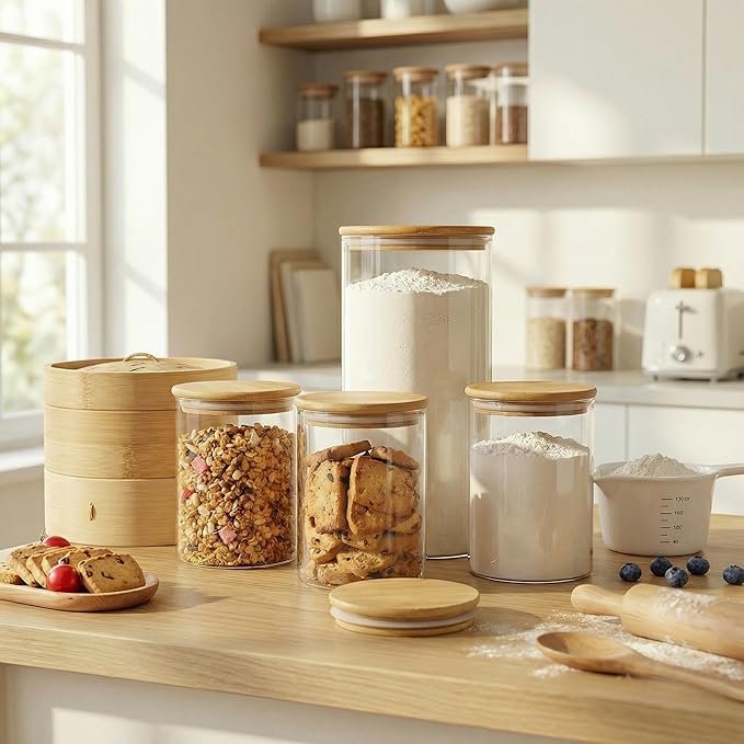 Large Glass Flour and Sugar Containers 180oz x2 [Set of 2], Glass Food Storage Containers with Bamboo Lids, Glass Jar with Airtight Lids for Spaghetti Pasta,Rice,Cereal,Candy,Coffee, Oat