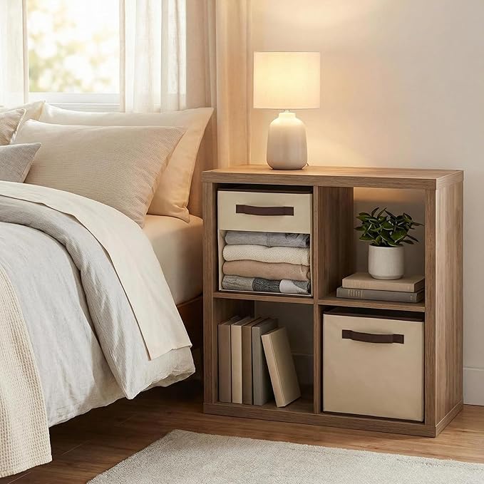 DECOMOMO Storage Bins, Cube Storage Bin with Window, Fabric Storage Cubes for Shelves (11" / 6pcs, Beige)