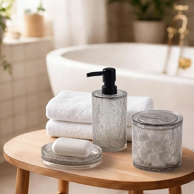 Modern Luxe Bathroom Accessories Set 4 Pcs Resin Bathroom Accessory Set Soap Dispenser Toothbrush Holder Tumbler Soap Dish Easy to Clean Crackle Pattern Translucent Black