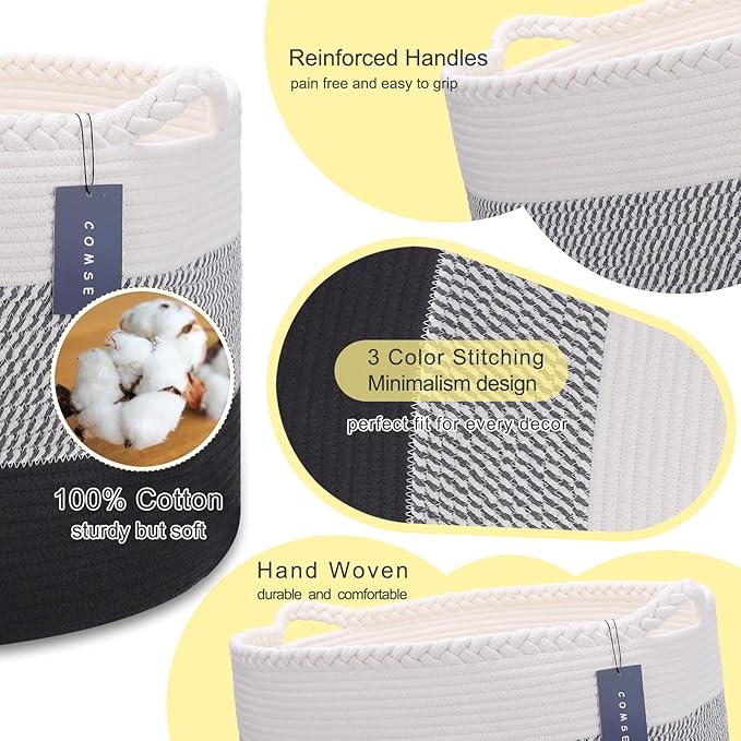COMSE Extra Large Blanket Basket, Woven Laundry Basket, 21.7âx 13.8â, Nursery Hamper, Cotton Rope Laundry Hamper Living Room for Storage Toys Clothes Towels (White &Gray &Black)