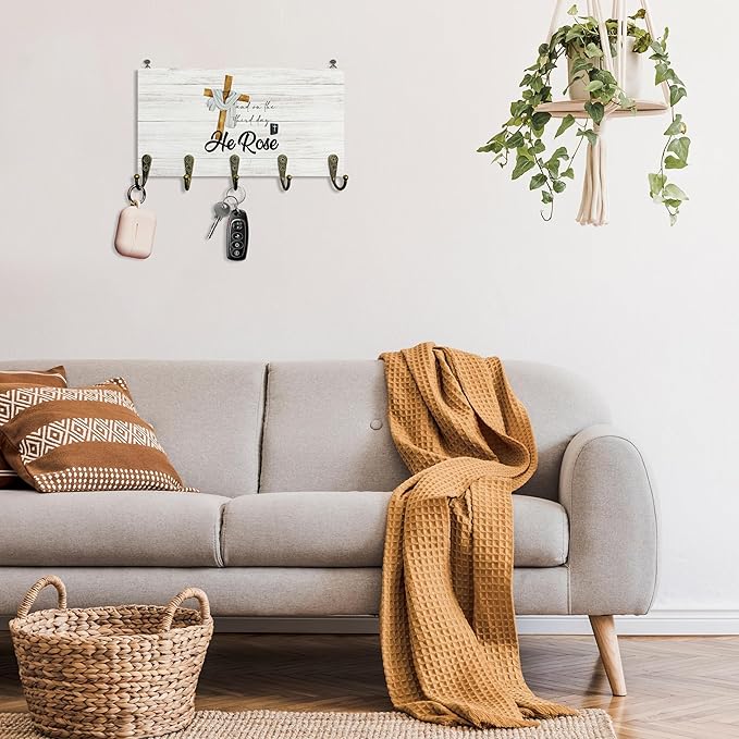 Easter He is Rise Key Holder for Wall 10"x5.12", Christ Jesus Bible Key Hanger Wall Mount, Christian Religious Cross Rustic Wooden Hanging Keys Holder Decor for Entryway Front Door（5 Hooks）