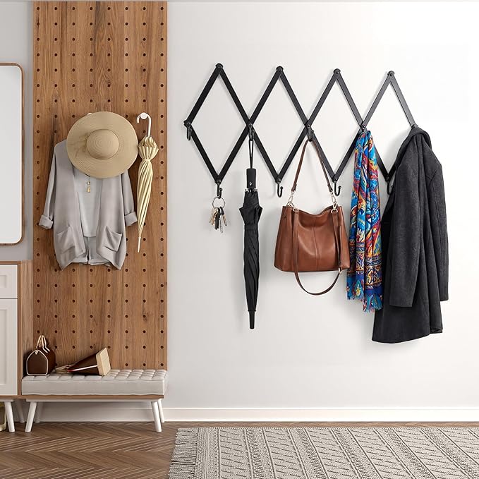 Kathfly Vintage Accordion Wall Hanger Folding Hand Forged Iron Accordion Rack Metal Expending Hat Coat Rack Wall Hook for Towels, Hats, Mugs, Bags, Stockings (13 Hooks,Black)