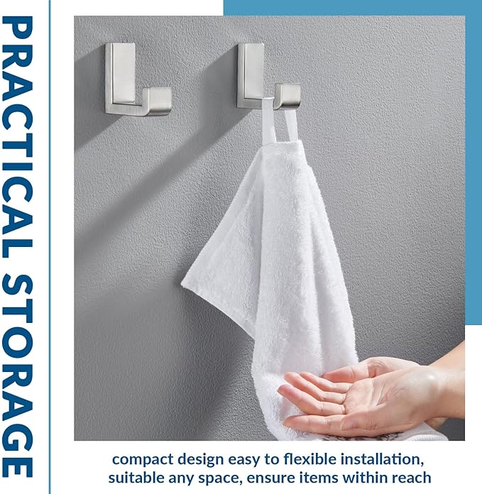 APLusee Brushed Nickel Towel Hook 2 Pack, 304 Stainless Steel L Shape Coat Hook, Bath Storage Wall Mounted