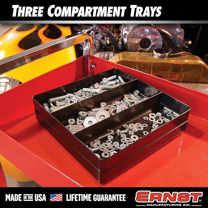 Ernst Manufacturing Toolchest Tray: Stackable Garage Organizer Tray in Blue with 3 Compartments - For Trades, Mechanics, Electricians, Plumbers, Household Use, Hobbies - Heavy Duty - Made in the USA