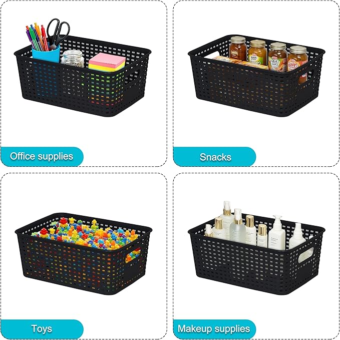 Soddeph 3 Pack Plastic Storage Baskets with Handles,Stackable Organizer Bins for Closet, Bathroom, Kitchen, Office, Shelf and Cabinet Organization (Black, Grid-3PACK)