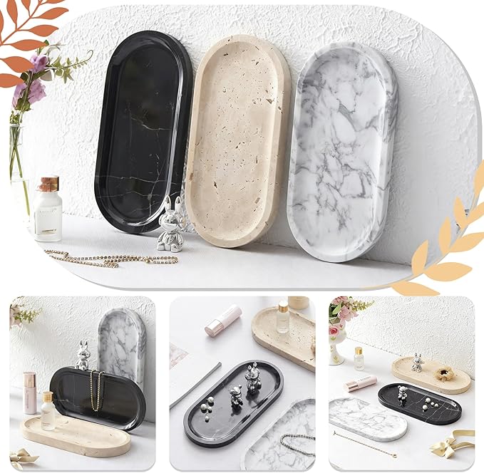 Natural Marble Tray, Black Stone Tray, Vanity Decorative Tray for Countertop, Catchall for Perfume, Candles, Skincare, Jewelry Dish, Bathroom Tray, Hotel Supplies