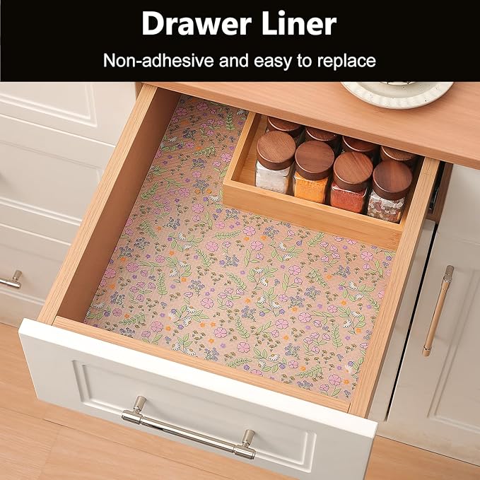 INNOLITES Shelf Liners for Kitchen Cabinets Non-Adhesive Drawer Liner with Floral, Waterproof Durable Easy to Clean, for Refrigerator, Shelves (Pink Purple Rose, 17.5" x 197")