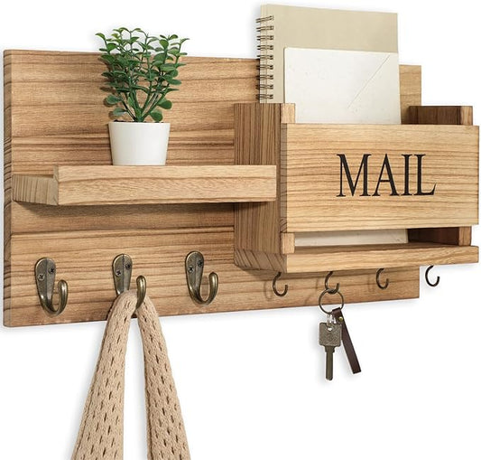 Mail Organizer for Wall Mount – Key Holder with Shelf Includes Letter Holder and Hooks for Hallway Farmhouse Decor – Rustic Wood with Flush Mounting Hardware (16.5” x 9.1” x 3.4”) (Wood)