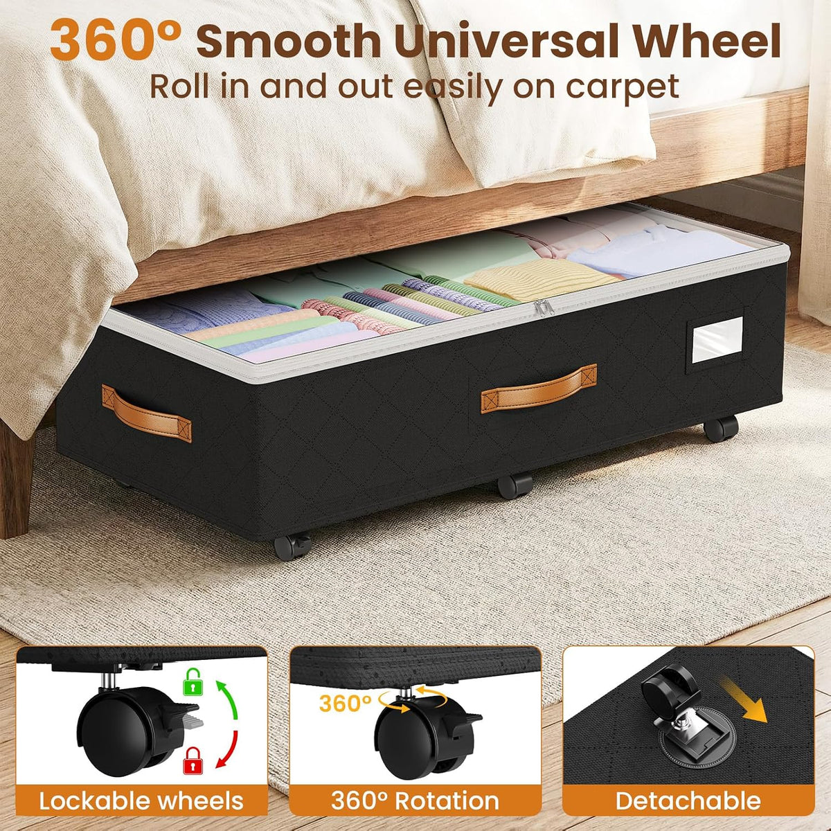Budding Joy 80L 2 Pack Adjustable Under Bed Storage with Wheels Underbed containers with clear lids, rolling under bed shoe storage organizer for dorm home clothes, blankets, toys, black