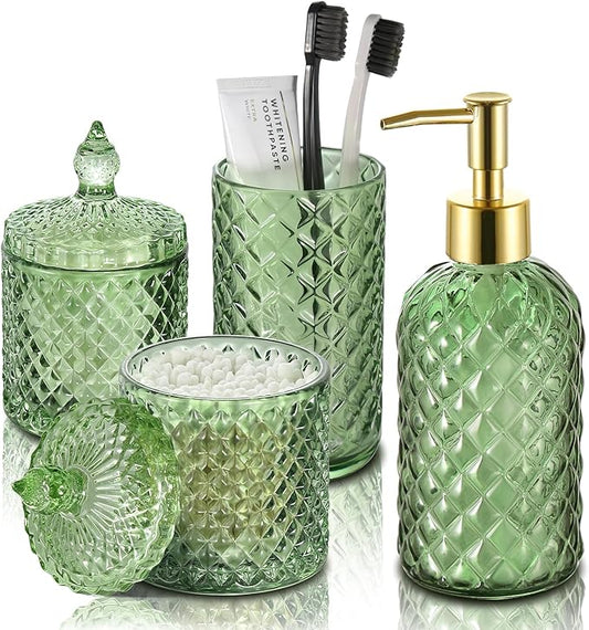 Green Bathroom Accessories Set, 4 Pack Olive Green Bathroom Decor Accessory Sets Complete, Diamond Glass Soap Dispenser and Toothbrush Holder Set for Bath Counter Organizer Essentials