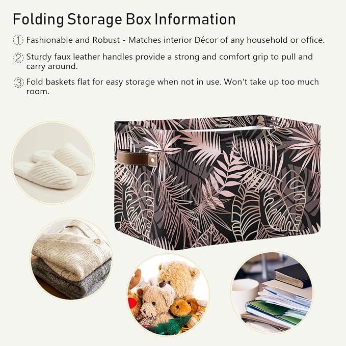 susiyo Large Foldable Storage Bin Rose Gold Palm Leaves Fabric Storage Baskets Collapsible Decorative Baskets Organizing Basket Bin with PU Handles for Shelves Home Closet Bedroom Living Room-2Pack