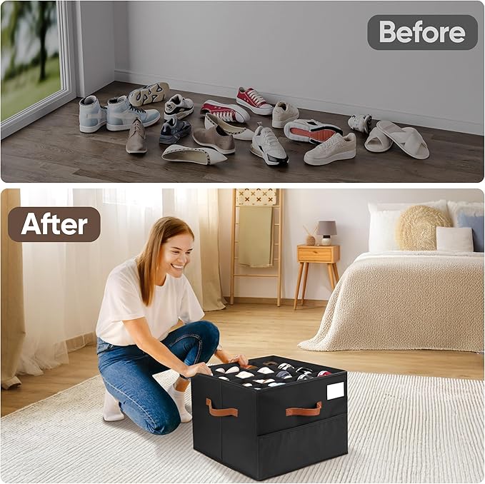 Shoe Organizer for Closet, 2 Pack Shoe Storage Containers with Adjustable Dividers, Space Saving Shoe Box Organizers Bins with Clear Lids & 4 Reinforced Handles, Fits 16-32 Pairs, Pure Black