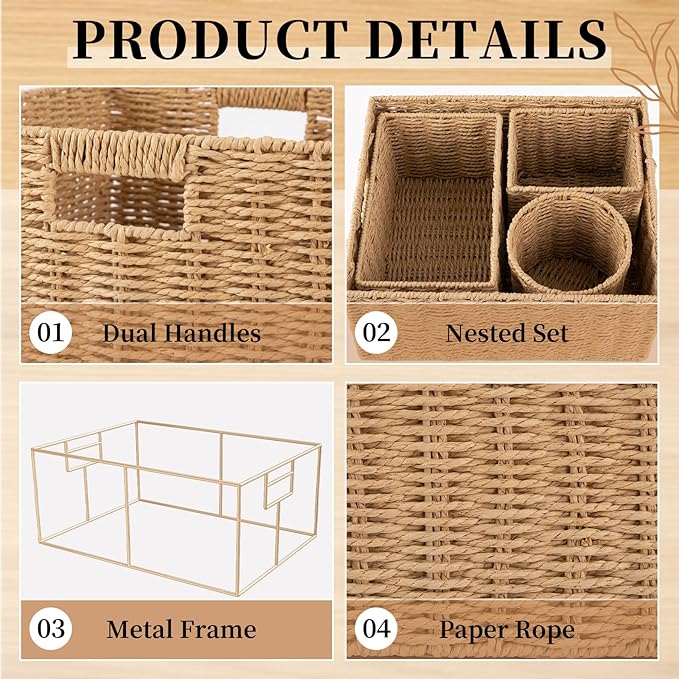 OIAHOMY Wicker Baskets for Organizing, Large and Small Shelf Baskets Set, Handwoven Bins for Storage,Paper Rope Home Organizers, Set of 4-Yellow