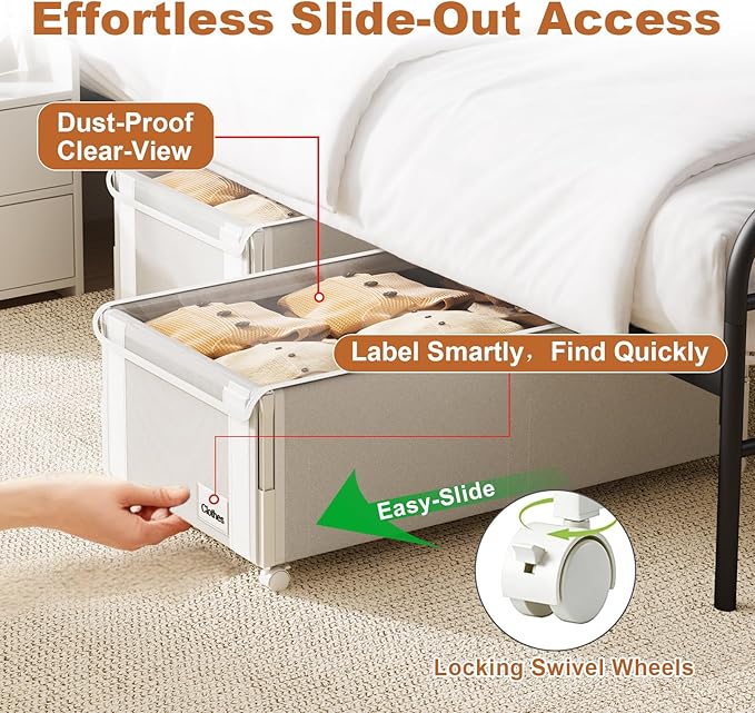 2Pack Under Bed Storage with Wheels,9.5"-12"Tall Adjustable Height Underbed Storage,Deep Under Bed Storage Containers,Rolling Under Bed Clothes Storage,Metal Under Bed Drawers for Shoes,Blankets,Toys