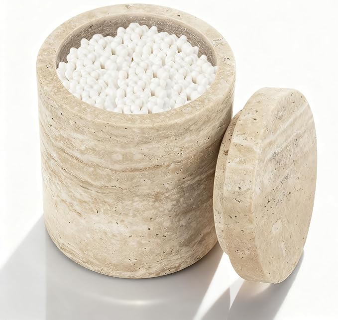 Natural Marble Canister, Cotton Swab Holder with Lid, Marble Toothbrush Holder Qtip Holder Storage for Cotton Swab, Floss Picks, Makeup Pad, Bath Salt, Beige White Travertine(NS019)