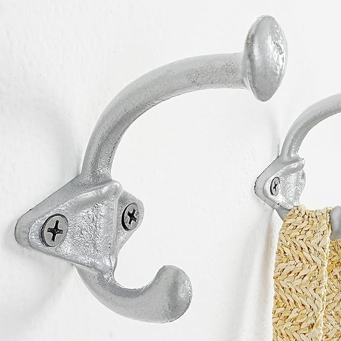Dseap Cast Iron Wall Hooks, Heavy Duty Coat Hooks, Rustic Vintage Farmhouse Hook for Hanging Winter Coats Jackets Towels Hats Bags Plants, Silver, Pack of 5 (ShldCast)