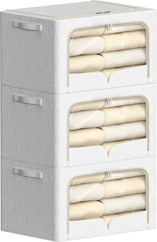 FHSQX 3 Pack Clothes Storage Bins Foldable Metal Frame Storage Box Stackable Linen Fabric Container Organizer Set with Carrying Handles and Clear Window (Cream White, 15.7x11.8x7.8inch(22L))