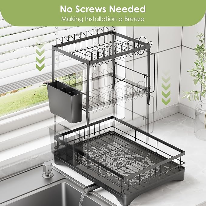 Dish Drying Rack, Dish Racks for Kitchen, 1 Tier or 2 Tiers Large Dish Drainer Organizer with Utensil Holder, Kitchen Counter Organizers and Storage Rack with Drainboard, Screw-Free Mounting (Black)
