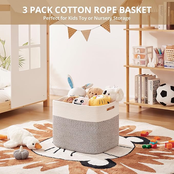OIAHOMY 13 Kallax Inch Cube Storage Bins, 3-Pack Cotton Rope Woven Baskets for Organizing, Kallax Insert Storage Baskets for Shelves, Baby Nursery, Closet Organizer, 15 * 13 * 12.6IN, Grey & White