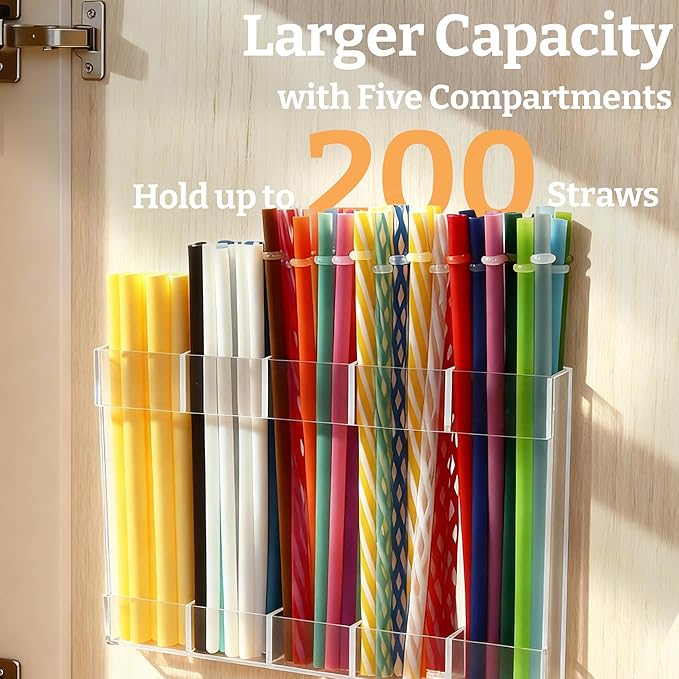 9.5” Large Acrylic Straw Holder for Cabinet Door with Detachable Ultra Sticky Adhesive Squares and Stickers, 2026 Reusable Straws Organizer Storage Dispenser for Kitchen Counter Cupboard
