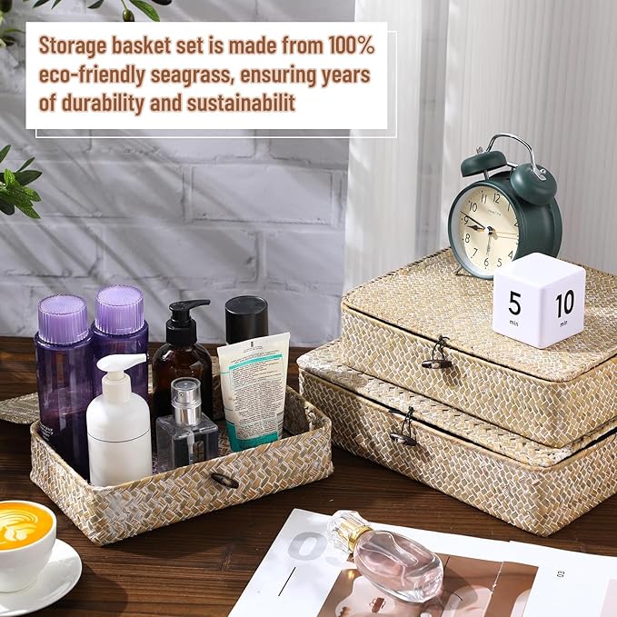 Set of 4 Seagrass Basket with Lid Wicker Storage Basket Decorative Storage Boxes with Lids Flat Storage Bins Woven Organizer Baskets for Shelf Closet Bedroom, 4 Sizes (White)