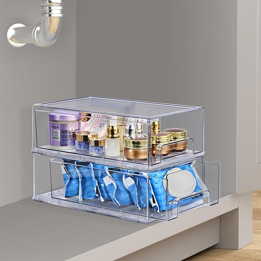 Sorbus Medium Clear Stackable Storage Drawers, Plastic Storage Drawers with Handles, Craft, Clothes, Medicine, Makeup, Closet, Art Supply, Bathroom, Shoe, Toy Storage Organizer (2 Pack)