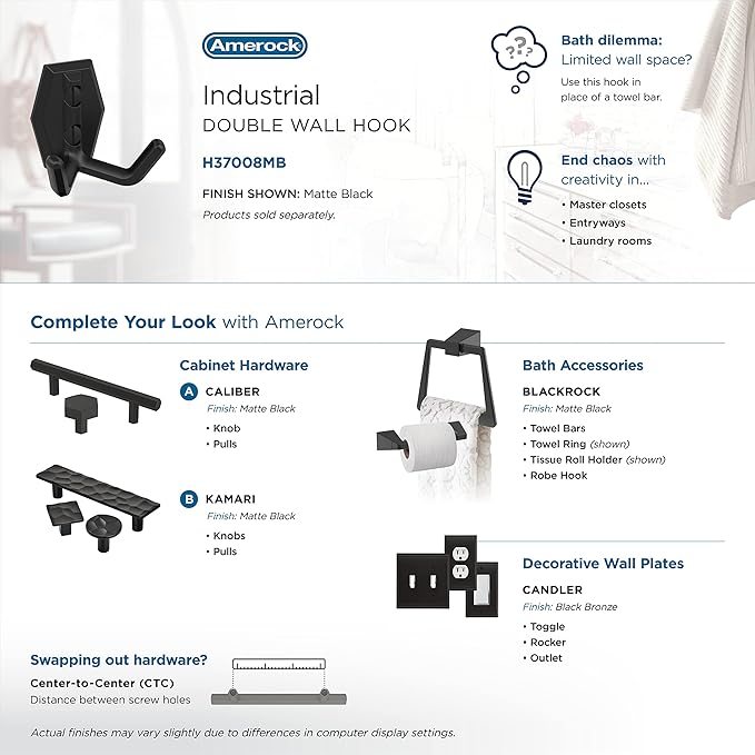 Amerock H37008MB | Benton Double Prong Decorative Wall Hook | Matte Black Hook for Coats, Hats, Backpacks, Bags | Hooks for Bathroom, Bedroom, Closet, Entryway, Laundry Room, Office