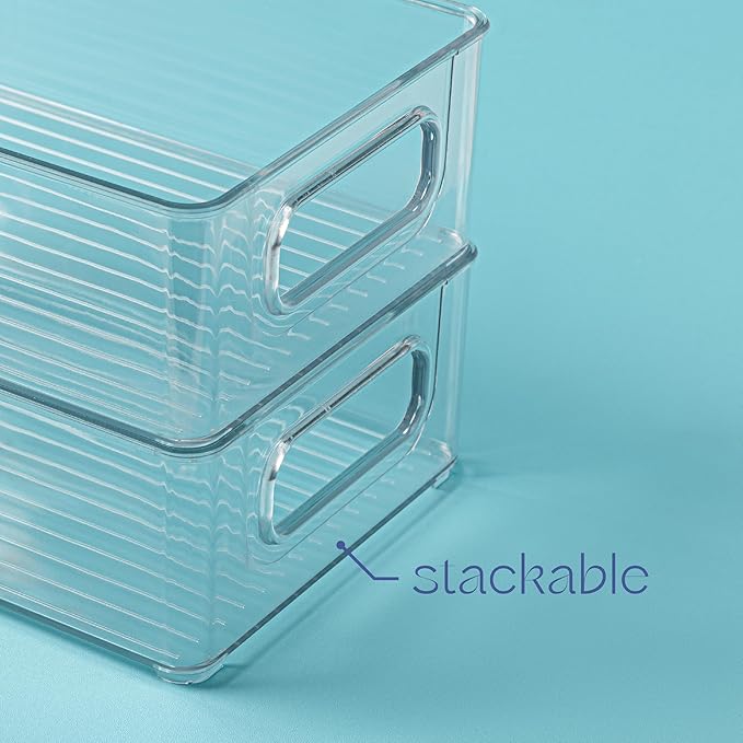 primebox - Clear Plastic Organizing Containers, 4 Pack - Stackable Storage Bins with Handles, 10"x6"x3"
