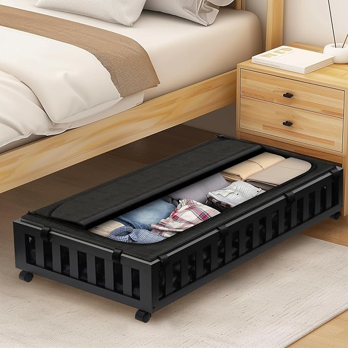 2 Pack Bamboo Under Bed Storage with Wheels, 39âx20âx7.8â Lager Under Bed Storage Containers (Black)