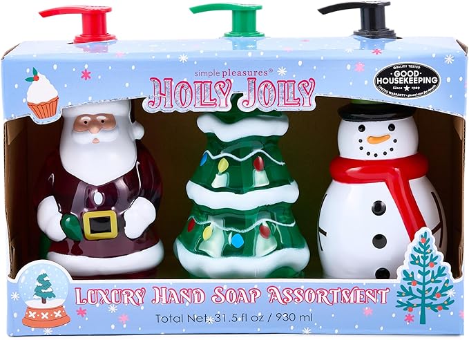 Simple Pleasures Snowman, Santa & Christmas Tree 3 Pack: Holiday Apple, Balsam Fir & Snow Scented Decorative Refillable Soap Dispensers for Kitchen Countertops and Bathroom Sinks