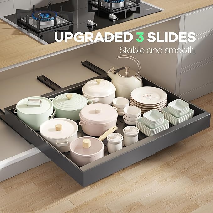 4 Pack Pull out Cabinet Organizer 21" Deep With Raising Pad for Framed Cabinets,Expandable (15.2"-26.3"W) Slide out Drawers for Kitchen Cabinets with 4pcs Divider Racks,Roll out Shelves,Black