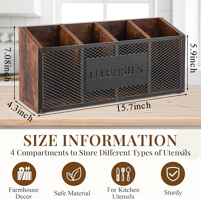Extra Large Kitchen Utensil Holder Wooden with 4 Compartments, Utensil Organizer for Countertop, Cooking Silverware Storage for Rustic Kitchen Countertop Holder Farmhouse Cooking Container