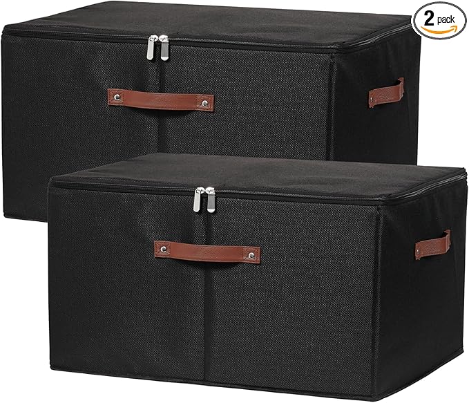 2 Pack Storage Bins with Zipper Lid Cotton Linen Fabric Lidded Storage Baskets Boxes Foldable Washable Closet Shelf Clothes Organizer Container with PU Leather Handles (Black, Extra Large)