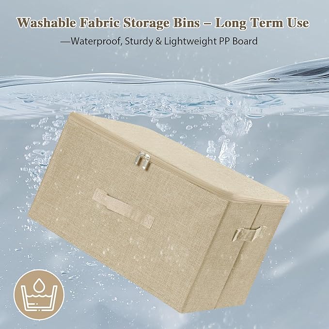 ANMINY 2PCS Storage Bins with Zipper Lids 36 Qt Lidded Fabric Storage Boxes Baskets Cubes with Handles Collapsible Washable Cotton Linen Closet Shelf Clothes Organizer Containers - Beige, Large