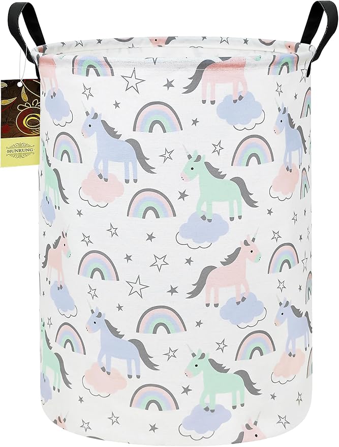 HUNRUNG Laundry Hamper,Large Canvas Fabric Lightweight Storage Basket Toy Organizer Dirty Clothes Collapsible Waterproof for College Dormsï¼Round-Star Unicornï¼