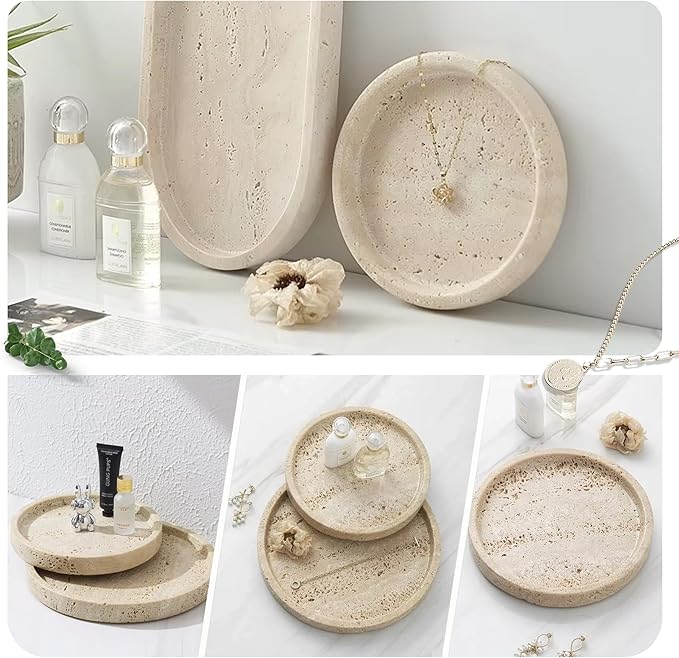 Natural Marble Tray, Round Travertine Tray for Bedroom/Bathroom/Kitchen/Vanity Countertop, Jewelry Tray for Rings Earrings Necklace Bracelet Watch, Room Decor Aesthetic