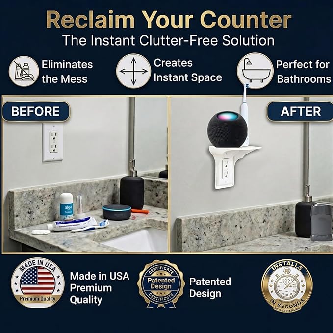 BeraTek Power Perch Wall Outlet Shelf with Cord Storage Strap - Declutter & Reclaim Counter Space - Alexa Holder, Charging Stand, Apple Homepod Mini Wall Mount - White, 1-Pack