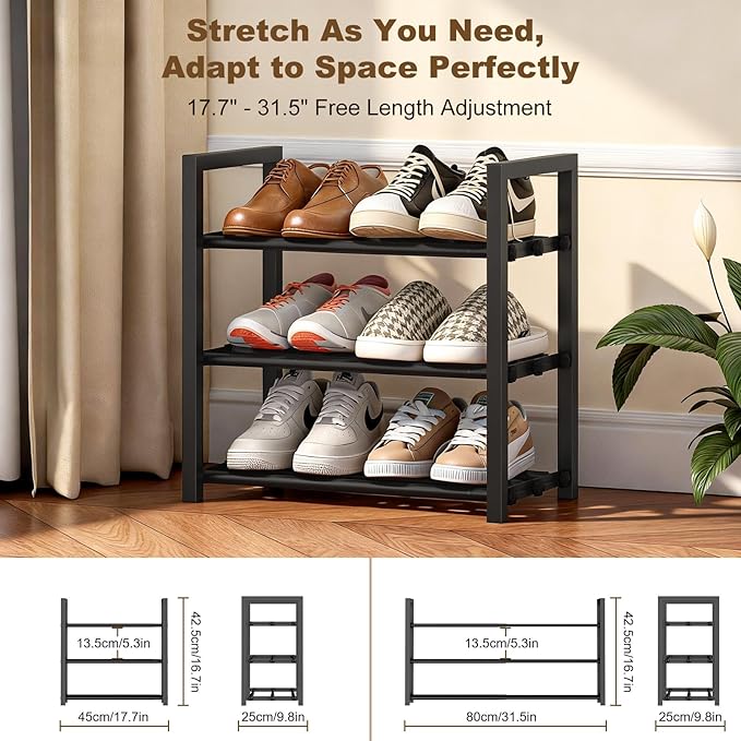 3-Tire Expandable Shoe Rack for Closet, 17"-31" Adjustable Free Standing Shoe Shelf Storage Fits 6-12 Pairs Shoes, Heavy Duty Reinforced Metal Shoes Organizer for Entryway Doorway Dorm