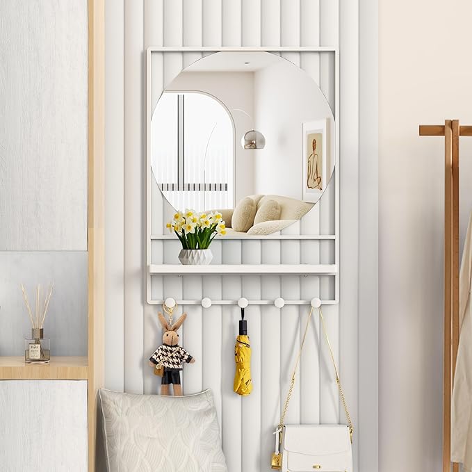 WONSTART 21" X 28" Wall Mirror with Shelf and Hooks,Entryway Mirror with Hooks, Metal Framed Bathroom Mirror with Shelf for Bathroom, Bedroom, Living Room (White, 21 x 28)