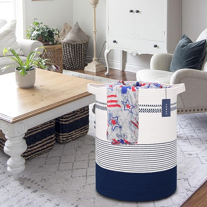 COMSE Extra Large Blanket Basket, Tall Laundry Basket, Nursery Hamper, 15.7âx 21.7â, Cotton Rope Woven Laundry Hamper for Storage Toys Clothes Towels, Navy Blue & White