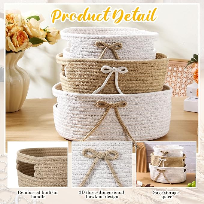 Breling 3 Pieces Bow Laundry Baskets with Coquette for Kids,Basket Bow Woven Gift Baskets with Handles for Living Room Toys Organizer,Girls Nursery Playroom, Pet Toy Basket(Khaki, White)
