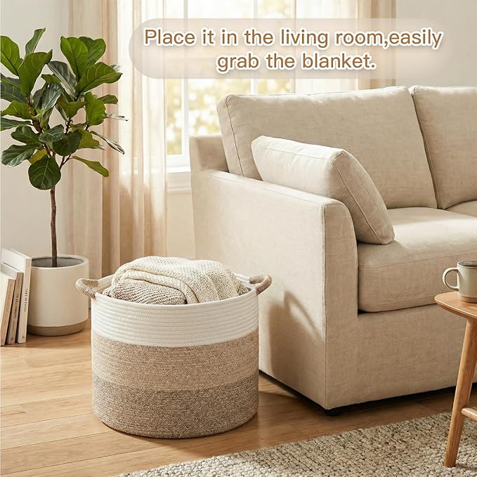 40L Large Cotton Rope Basket, Decorative Woven Blanket Storage for Living Room, Boho Toy Storage & Toy Box for Kids, Versatile Laundry Basket & Nursery Hamper for Blankets(Brownyellow)