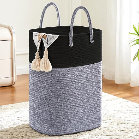 Laundry Basket,Woven Cotton Rope Laundry Hamper,Versatile Storage for Dirty Clothes,Baby Toys,and Blankets in Bathroom, Nursery,and Living Room (Black, 40L)